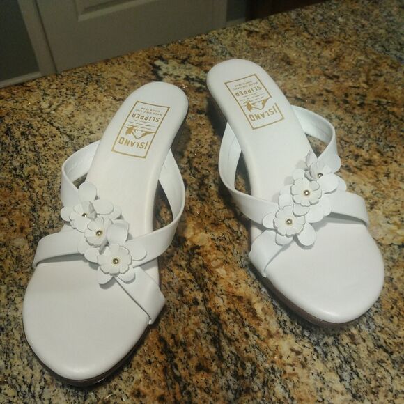 Island Slipper Women's White Leather Flower Slide Wedge Size 11 Sandals - Picture 1 of 11